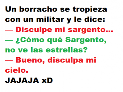 Un Borracho se tropieza con un militar y le dice: Disculpe mi sargento...