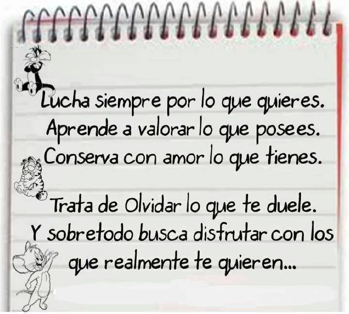 Lucha siempre por lo que quieres, valora lo que posees, conserva lo que tienes, olvida lo que te duele, y disfruta de los que te quieren