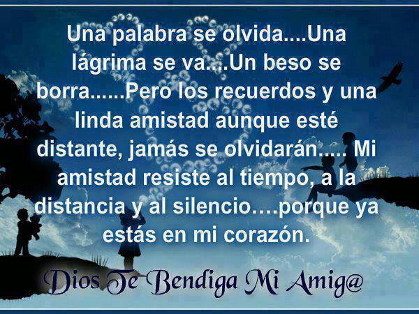 Una palabra se olvida. Una lágrima se va. Un beso se borra. Pero los recuerdos y una linda amistad aunque esté distante, jamás se olvidarán...