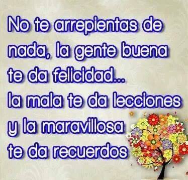 No te arrepientas de nada, la gente buena de da felicidad...la mala te da lecciones y la maravillosa te da recuerdos.