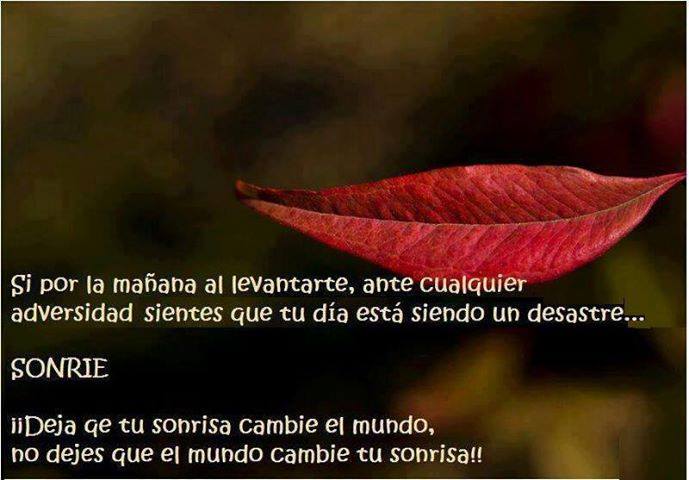 Si por la mañana al levantarte, ante cualquier adversidad sientes que tu día está siendo un desastre. Sonríe. Deja que tu sonrisa cambie el mundo, no dejes que el mundo cambie tu sonrisa