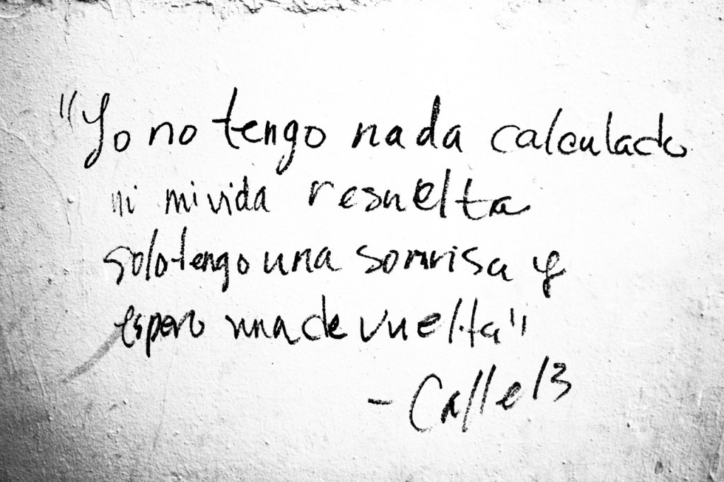 Yo no tengo nada calculado ni mi vida resuelta, solo tengo una sonrisa y espero una de vuelta. Calle 13