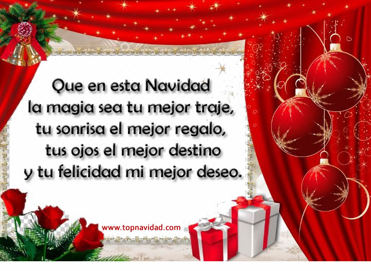 Que en esta Navidad la magia sea tu mejor traje, tu sonrisa el mejor regalo, tus ojos el mejor destino y tu felicidad mi mejor deseo.