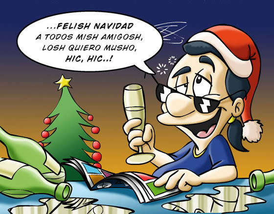 Felish Navidad, A todos mish amigosh, losh quiero musho, hic, hic..