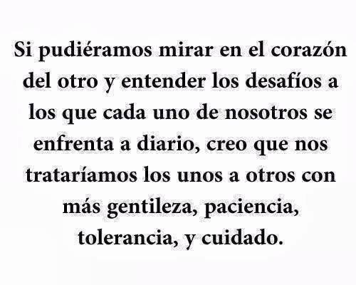 Si pudiéramos mirar en el corazón del otro y entender los desafíos a los que cada uno de nosotros se enfrenta a diario, creo que nos trataríamos los unos a otros con más gentiliza, paciencia, tolerancia, y cuidado.