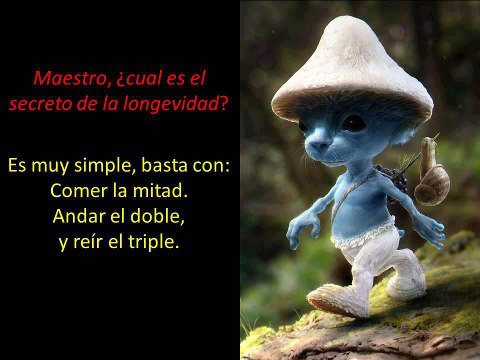 Maestro, ¿Cual es el secreto de la longevidad? Es muy simple, basta con: Comer la mitad. Andar el doble, y reír el triple.