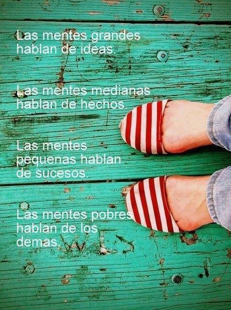 Las mentes grandes hablan de ideas. Las mentes medianas hablan de hechos. Las mentes pequeñas hablan de sucesos. Las mentes pobres hablan de los demás.