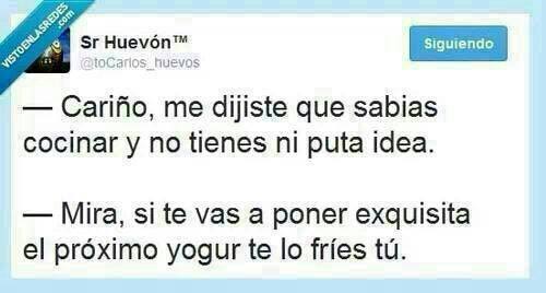 Cariño, me dijiste que sabias cocinar y no tienes ni puta idea. Mira, si te vas a poner exquisita el próximo yogur te lo fríes tú.
