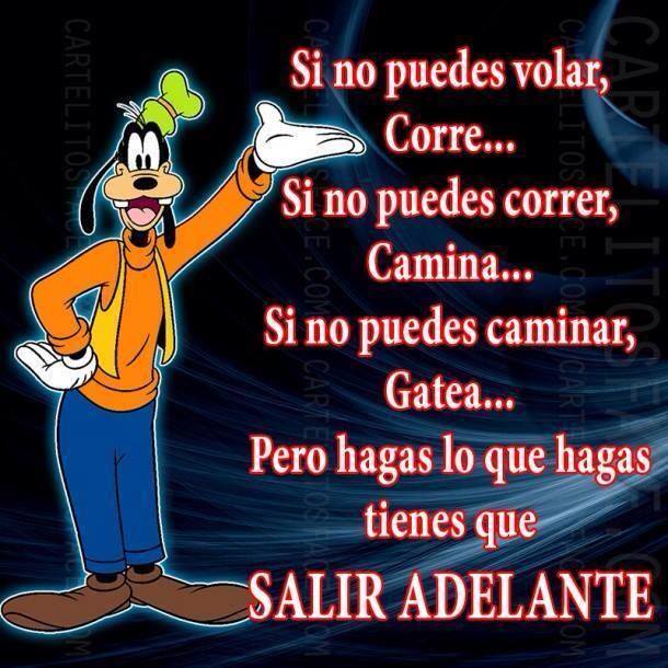 Si no puedes volar, Corre....Si no puedes correr, Camina...Si no puedes caminar, Gatea...Pero hagas lo que hagas tienes que Salir Adelante.