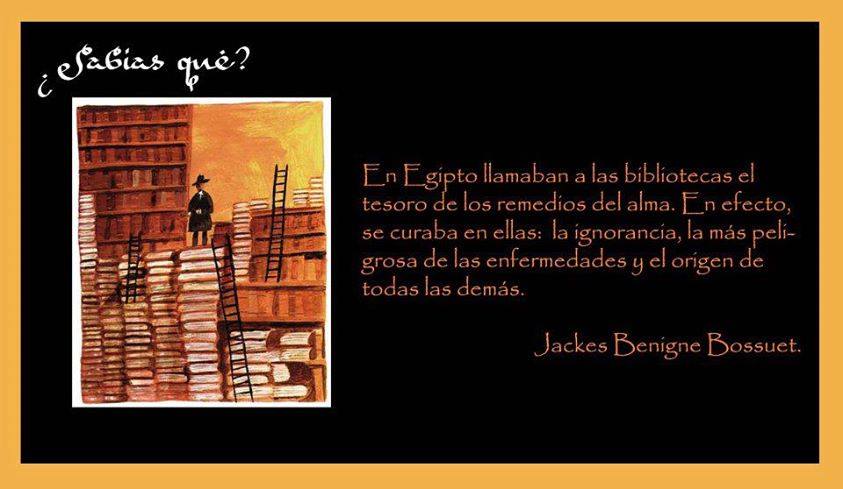 En Egipto llamaban a las bibliotecas el tesoro de los remedios del alma. En efecto, se curaba en ellas: la ignorancia, la más peligrosa de las enfermedades y el origen de todas las demás.